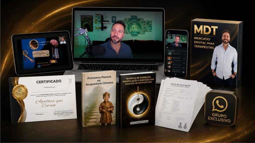 Curso online de Acupuntura Agulhas que Curam com certificado, materiais didáticos, e-books, comunidade exclusiva e bônus para terapeutas.