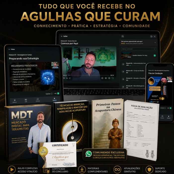 Conteúdo do curso Agulhas que Curam com videoaulas de acupuntura, e-books, certificado, atualizações vitalícias e comunidade exclusiva.