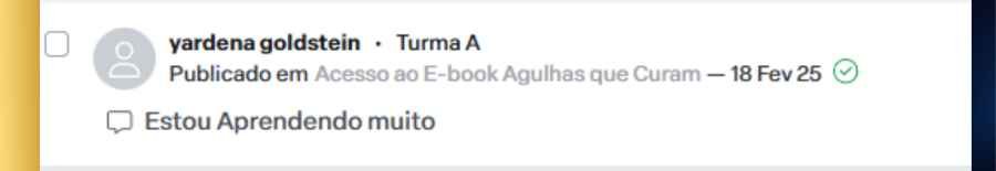 Depoimento da aluna Yardena Goldstein relatando seu aprendizado com o curso Agulhas que Curam.